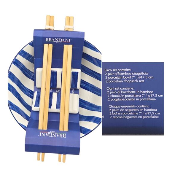 Brandani Italy Sushi Experience 8pc Porcelain Ramen Noodle Bowl Set Blue Striped - Picture 5 of 13